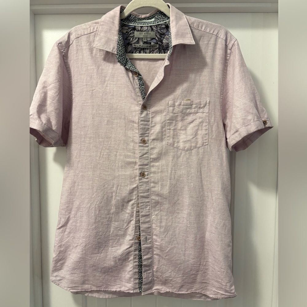 Ted Baker Men's Light Lavender Short Sleeve Shirt Linen Cotton Blend Size 4 or L
